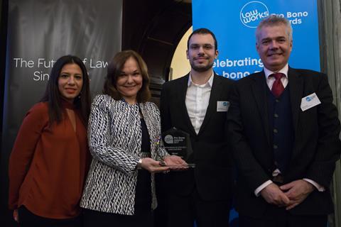 Best Contribution by a Firm with a London Head Office  Emine Mehmet, Marios Kontos and David Head, Duncan Lewis Solicitors, receiving the award from Hilarie Bass (President, American Bar Association)